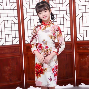 Kvetinový Čínskej Tradičnej Štýl Šaty Dievčatá Cheongsam Qipao Nový Rok Roztomilé Dieťa Jarný Festival Strán Dlhý Rukáv Šaty
