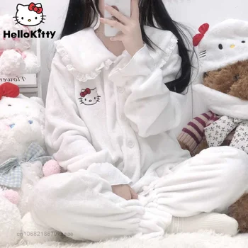 Sanrio Hello Kitty Plyšové Domáce Oblečenie Žien, 2 Dielna Sada Pyžamo Y2k Kawaii Cardigan Topy Voľné Nohavice Vyhovovali Flanelové Mäkké Sleepwear