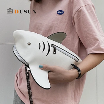 Móda Shark Tvarované Reťaze Crossbody Taška pre Ženy, Školské tašky Zábavné PU Kožené Cartoon Tašky cez Rameno Lady Kabelka Značky Sac