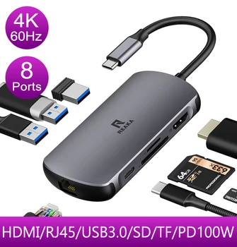 REAKA 4K 60Hz USB C Hub Typ C, HDMI s RJ45 PD 100W USB 3.0 SD/TF Slot pre Kartu Adaptéra USB C notebook, smartphone huawei xiao