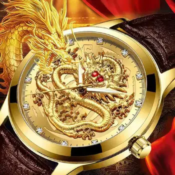 WOKAI vysoko kvalitné pánske voľný pás quartz hodinky svetelný nepremokavé obchodné nepremokavé hodiny Golden Dragon Čínsky štýl