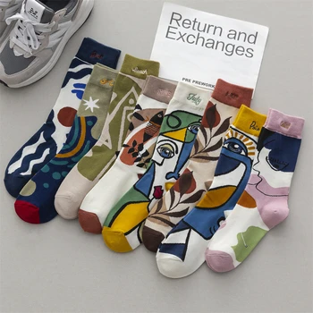 List Šťastný Ponožky Zábavné Abstraktné Žena Roztomilý Stredné Trubice Tlač Kawaii Vyšívané Bielymi Japonský Štýl Bavlna Zábava Harajuku