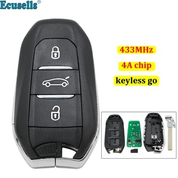 Keyless-Go 3 Tlačidlá Smart Remote príveskom, 433MHz 4A Čip pre Peugeot 208 308 508 3008 5008 s Núdzovým Tlačidlo HU83