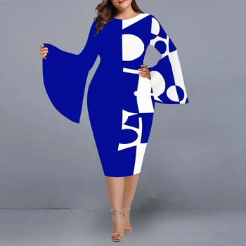 Elegantné Šaty Plus Veľkosť 2022 Geometrických Tlač Nového Roka Večerné Party Šaty na Jeseň Zima Svetlice Rukáv Vianočné Klubové Oblečenie 5XL