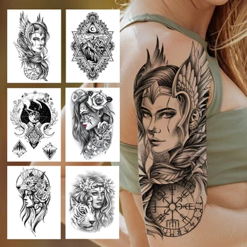 Kompas Bojovník Dočasné Tetovanie Pre Ženy, Mužov Dospelých Čierne Sexy Lady Tiger, Vlk Tetovanie Nálepky Falošné Domorodé Horské Mesiac Tatoos
