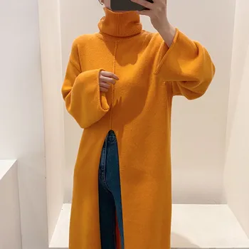 Orange Split Vlnené Šaty Elegantné Ženy Jeseň Zima Turtleneck Mäkké Dlhé Svetre Dámske Oblečenie Jeseň Roku 2022 Knitwear Voľné