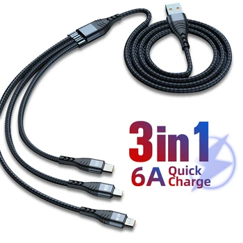 3in1 USB Kábel 6A Rýchle Nabíjanie pre iPhone 13 12 11 Pro Rýchle Nabíjanie Micro USB Typu C 3 v 1 2 v 1, USB Kábel pre Huawei Mate 40