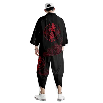 Čínsky Štýl Vytlačené Čierne Kimono Cardigan Mužov Japonské Tradičné Príležitostné Voľné Tenké Nastaviť Kabát Nohavice Ázijské Oblečenie Harajuku