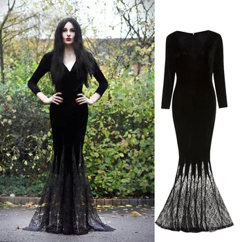Dospelé samice goth halloween morticia addams ghost čarodejnice kostým čiernej poschodí čipky šaty župan purim karneval