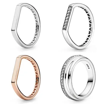 Autentické 925 Sterling Silver Ring Podpis Šumivé Logo Bar Stohovanie Krúžok S Kryštálmi Pre Ženy Darček Európe Šperky