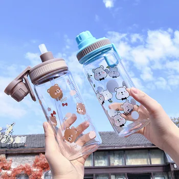 Japonský Roztomilý Medveď Slamka Fľaša na Vodu Skla Pre Študentov Deti, Dievčatá Roztomilý nepriepustných Prenosné So sebou Prsteň Pohár Vody