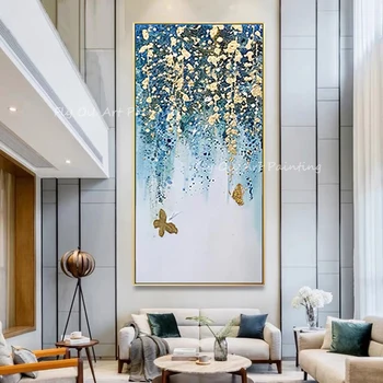 100% Ručne Maľované abstraktné moderné veľké veľkosti zlatej fólie kvet krajiny krásne olejomaľby č rám na plátno na stenu dekor