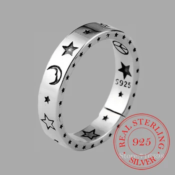 925 Sterling Silver Ženy, Mesiac, Hviezdy, Otvorte Krúžok Usmievavá Tvár Prst Krúžky Lady Vintage Jemné Strany Šperky Darček