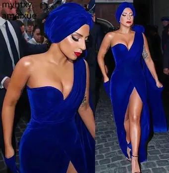 Lacné 2022 Lady Gaga Červený Koberec Večerné Šaty Royal Blue Velvet Dlho Formálne Dovolenku Celebrity Nosenie Prom Party Šaty Plus Veľkosť