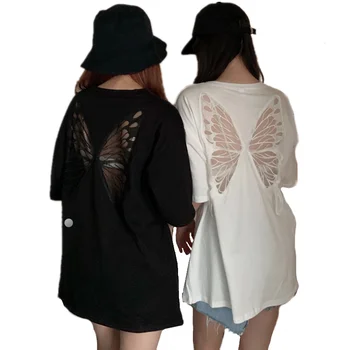 2022 V Lete Pohľadu Čipky Motýľ Duté Sa Tshirts Street Fashion Backless T Shirt Ženy Voľné Sexy Klub Tee Košele Top