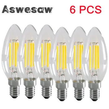 6PCS E14 LED Žiarovky Žiarovky Sviečka, Lampa C35 Edison Retro Starožitné Vintage Štýl, Studená/Teplá Biela 2W/4W/6W Luster Svetlo AC220V