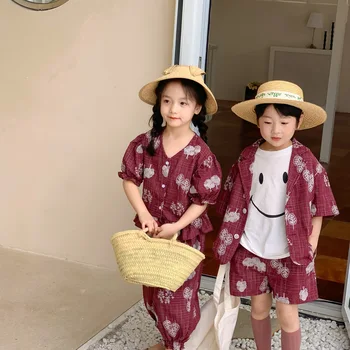 Sestra Brat Zodpovedajúce Oblečenie Beach Girl Dress Deti Dovolenku Vzhľad Tričko+Krátke Nohavice Letné Oblečenie 2022 Kórejské Deti Oblečenie