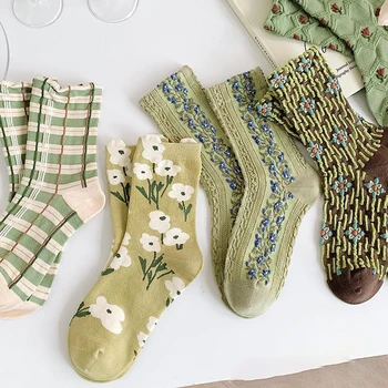 2022 Nové Etnické Vintage Zelené Japonské Sladkosti Kvetinové Výšivky Dlhé Ponožky Jeseň Zima Ženy Retro Bavlna Tepelnej Pančuchy