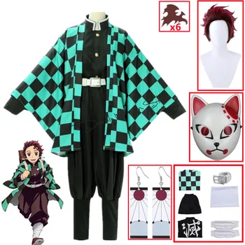 Anime Démon Vrah Kimetsu Č Yaiba Tanjirou Kamado Cosplay Kostým Kimono Plášť Halloween Party Anime Šaty Jednotný Súbor