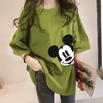 Disney Mickey Vytlačené Veľké Veľkosť T-shirt dámske Krátke Rukávy Dievča Leta Pevné Farebné Strednej Dĺžky Voľne Žijúcich Myši Top