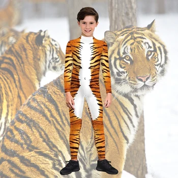 VIP MÓDNE Zábavné Kreatívne Cosplay Kostým Tiger, Vlk Mlieka Kravy Vytlačené Deti Zentai Kombinézu Jumpsuit Spandex Halloween Oblečenie