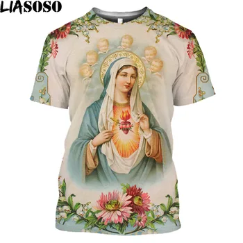 LIASOSO 3D Guadalupe Panny Márie Katolíckej Tlače T-shirt Lete O-krku Módne Luxusné Krátky Rukáv Harajuku Štýl Oblečenie Top