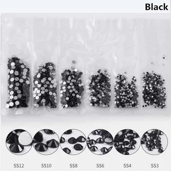 1 Pack Black Nechtov Kamienkami Flatback Sklo Zmiešané Veľkosť SS3-SS12 Nail Art dekoračného Lesklé Drahokamy Manikúra Príslušenstvo Nástroj