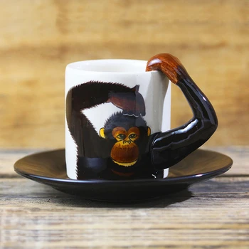 Kreatívne zvierat šálku kávy tanier, espresso šálku kávy šimpanz keramický hrnček ručne kreslené karikatúry espresso šálku kávy tanier