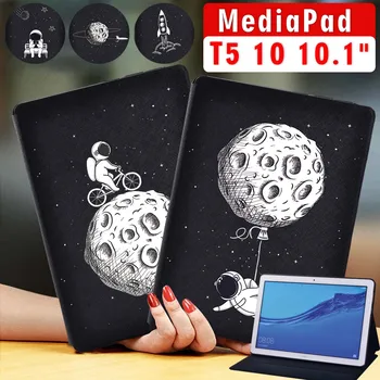 Prípad tabletu pre Huawei MediaPad T5 10 10.1 Palcový Astronaut Black Series Kožený Kryt Puzdro + Zadarmo dotykové Pero
