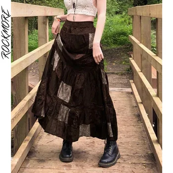 Rockmore Velvet Brown Midi Sukne Ženy y2k Estetické Vysoký Pás Maxi Sukne Vintage Patchwork Dovolenku Dlhé Sukne Grunge Fairycore