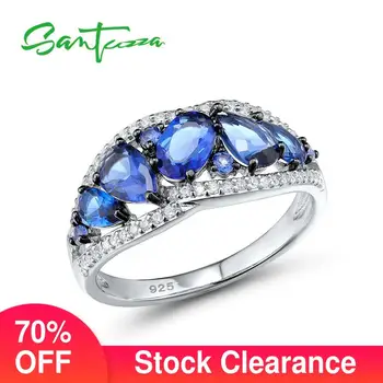 SANTUZZA Strieborné Prstene Pre Ženy Originálne 100% 925 Sterling Silver Blue Sklo Biela CZ Výročie Svadby Strany Jemné Šperky