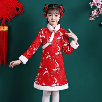 Nové šaty, oblečenie Hanfu Vianočné šaty 3-12T detí princezná šaty zimné velvet čalúnená červené dlhé cheongsam Nový Rok ša