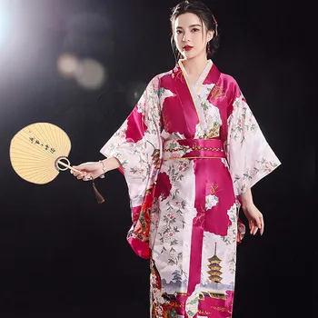 Hot Pink Vintage Japonský Dámy Kimono Vaňa Šaty Žien Faux Hodváb Yukata S Obi Výkon Tanečné Šaty Cosplay Oblečenie