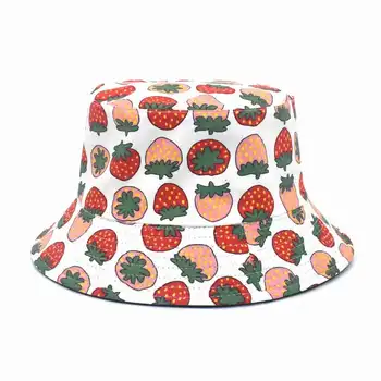 Reverzibilné Ovocie Jahody tlač panama Vedierko Hat dámske Letné bavlna široký okraj Floppy klobúk Módne Darček Golf, Pláž Cap