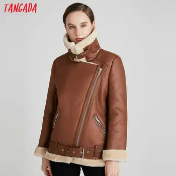 Tangada Ženy hnedá srsť faux kožené sako kabát s pásom zase dole golier Dámy 2020 Zimné Hrubé Teplé Nadrozmerné Kabát 5B01-1