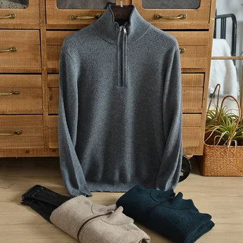 Jesenné a zimné čistý cashmere sveter mužov vysoký golier na zips, hrubé 100% pure cashmere sveter bežné pletený sveter