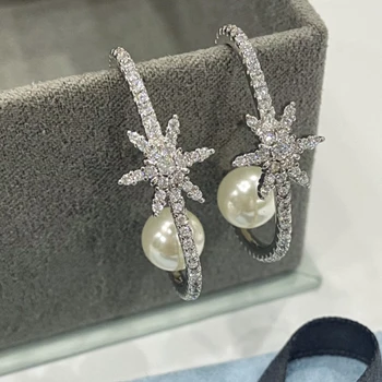 Móda Strieborná Farba Snowflake Stud Náušnice s Perlou Celej Zirconia Ženy, Luxusné Značky Jemné Strany Šperky