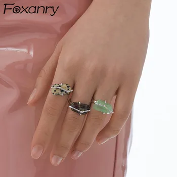 FOXANRY Strieborná Farba Otvoriť Prstene pre Ženy, Nový Moderný Elegantný Jednoduchý Nepravidelných Farebné Kamene Strany Šperky Narodeninám