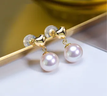 Náušnice Prírodné perly 18K Pevné Žlté Zlato (AU750) Ženy Milujú Módu Lady Šperky dievča morskej vody pearl