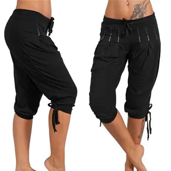 Plus Veľkosť Bežné dámske jednofarebné Sequined Skladaný Šnúrkou Capri Nohavice Letné 2021 Nové Dámske Bezec Nohavice Ženské Oblečenie