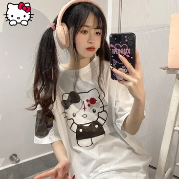 Sanrio Japonský Vintage Módy Biele Krátke Rukávy Hello Kitty Vytlačené T-shirt dámske Street Bežné Bavlna Top Dievčatá Oblečenie