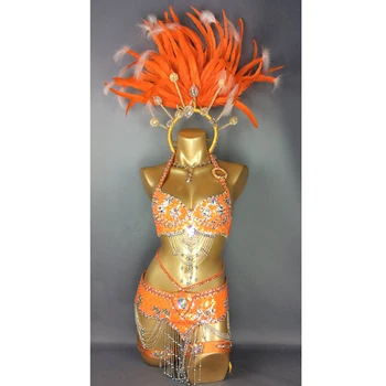 Nový Sexy Samba Rio Karnevalové Kostýmy Pre Ženy Lady Korálkové Flitrami, brušný tanec kostým Set s orange Pierko Hlavu kus