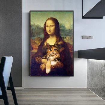 Zábavné Umenie Mona Lisa Holding Mačka Plátne, Obrazy na Stenu Umenie Plagáty a Vytlačí Da Vinci Známeho diela Obrázky pre Obývacia Izba