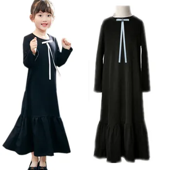 deti & teenager veľké dievčatá, dlhý rukáv, čierna bavlna bežné svetlice maxi šaty s vymeniteľné pin 3 do 16 rokov jeseň zima šaty