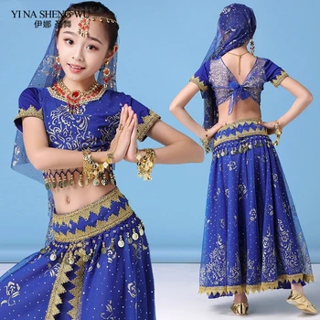 Nový Štýl Holka Deti, Brušný Tanec Indiánske Kostýmy Nastaviť Orientálny Tanec Sari Bollywood Deti Šifón Štádium Oblečenie