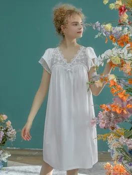 Nové Sladké Bavlna Krátky Rukáv Nightgowns Pre Ženy Výšivky Farbou Tvaru Voľné Krátke Sleepwear Dievčatá Letné Šaty