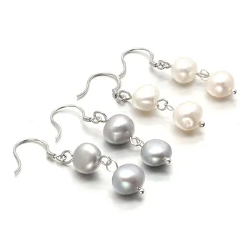 Prírodné Sladkovodné Pearl Náušnice Šperky pre Ženy Ručné Perly Drop Náušnice Veľkoobchod Sivá Biela