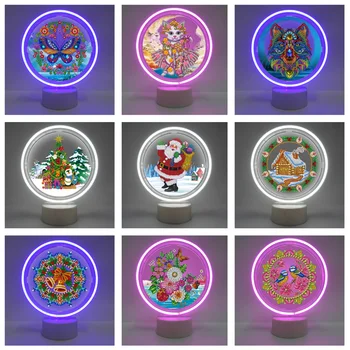 5D DIY Diamond Maľovanie LED Lampa Svetlo Kvety Zvierat Špeciálne Tvarované Mozaiky Výšivky Nočné Svetlo Domova Vianočný Darček