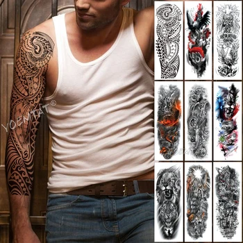 Veľké Arm Tattoo Rukáv Maori Moc Totem Nepremokavé Dočasné Tatto Nálepky Bojovník, Samuraj Anjel Lebky Mužov Plné Čierne Tetovanie