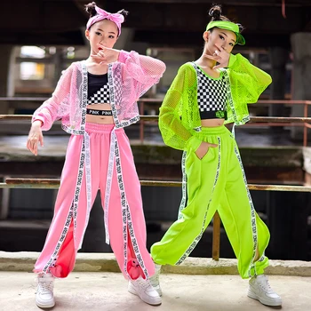 Nové Jazz Dance Oblečenie Pre Dievčatá, Žiarivkové svetlo Zelená Čistý Topy, Nohavice Deti Hip Hop Kostým Koncert Výkon Nosenie Ružový Oblek BL9245